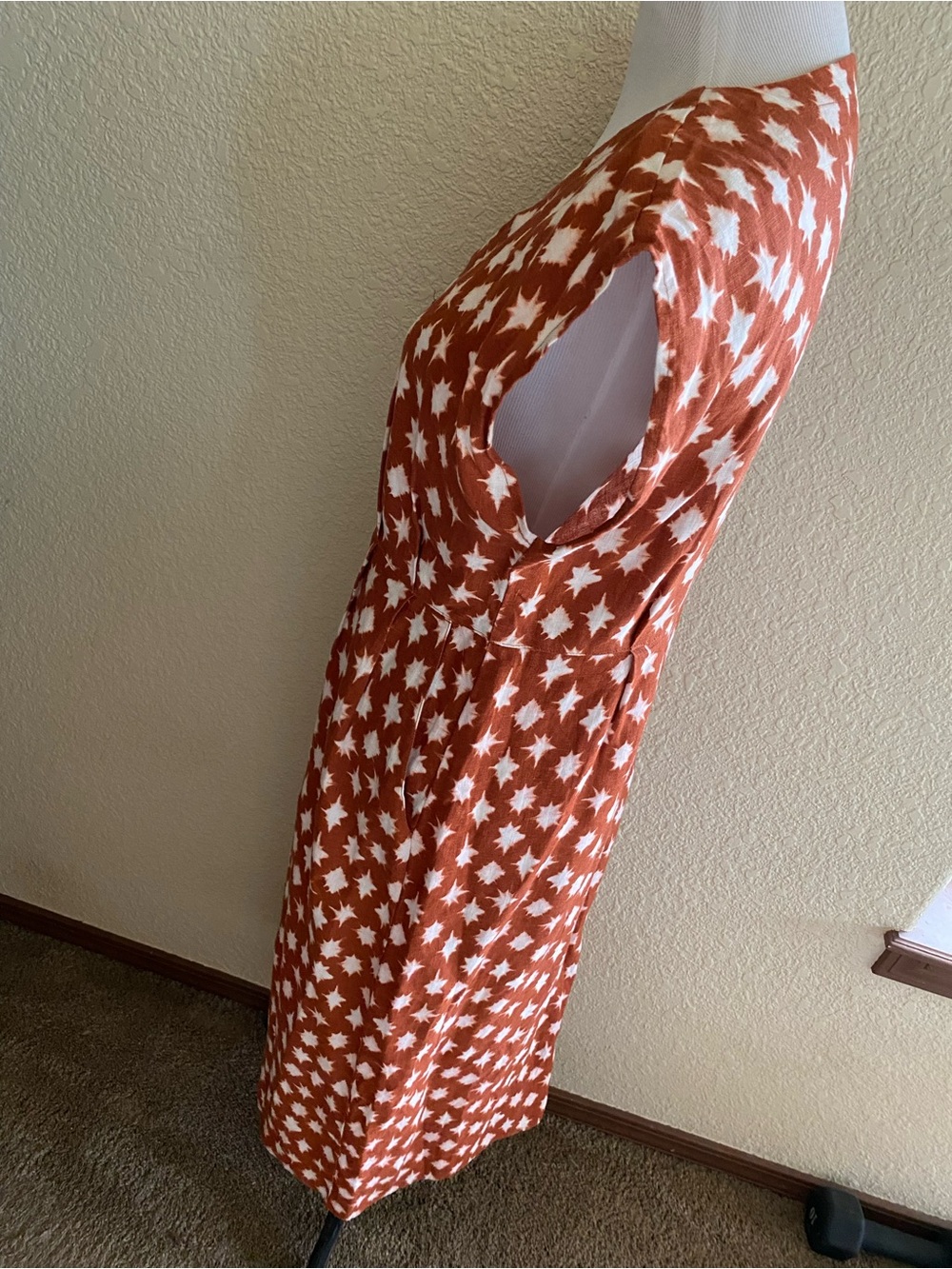 Garnet Hill Linen Midi Dress Rust Brown Star-Print Button Front Dress Sleeveless - Picture 4 of 13